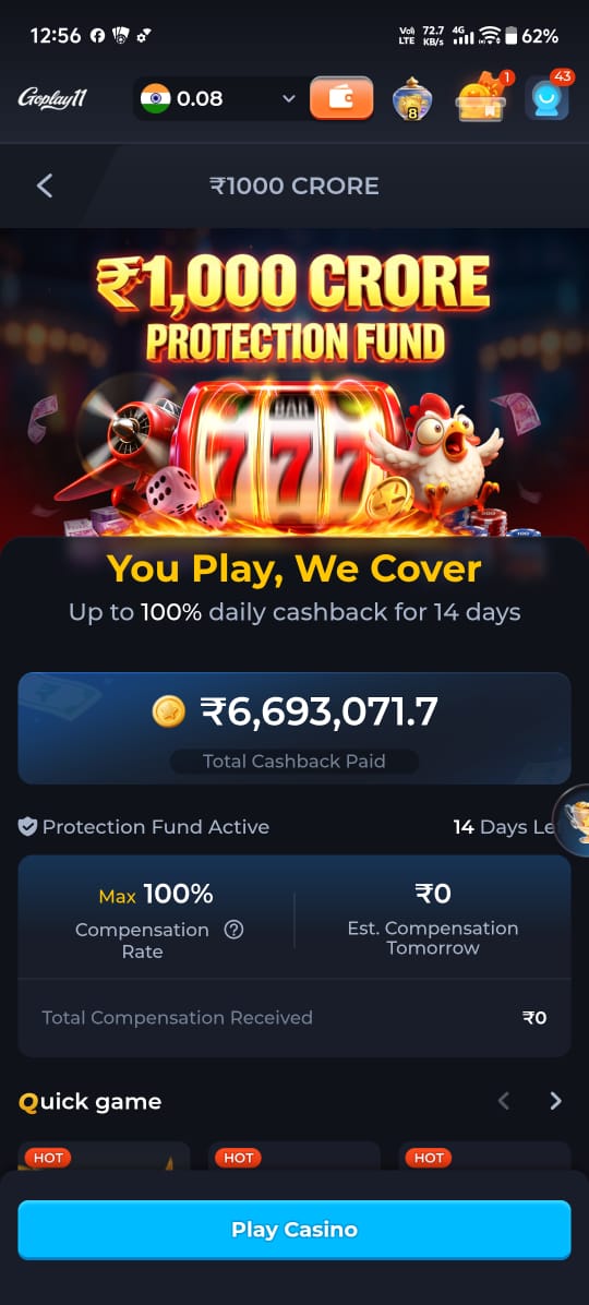 GoPlay11 ₹1000 Crore Protection Fund offering cashback rewards and player protection benefits.