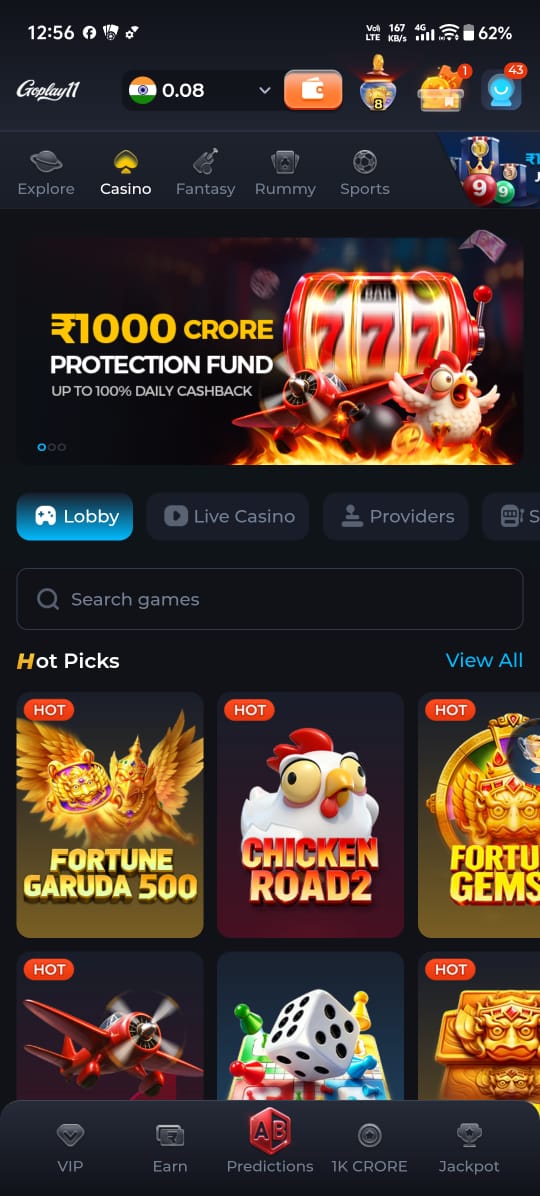 GoPlay11 casino lobby featuring online slot games, live casino, jackpot rewards, and fantasy gaming platform.