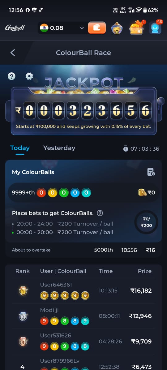 GoPlay11 ColourBall Race jackpot game with leaderboard rankings, prize rewards, and progressive jackpot winnings.